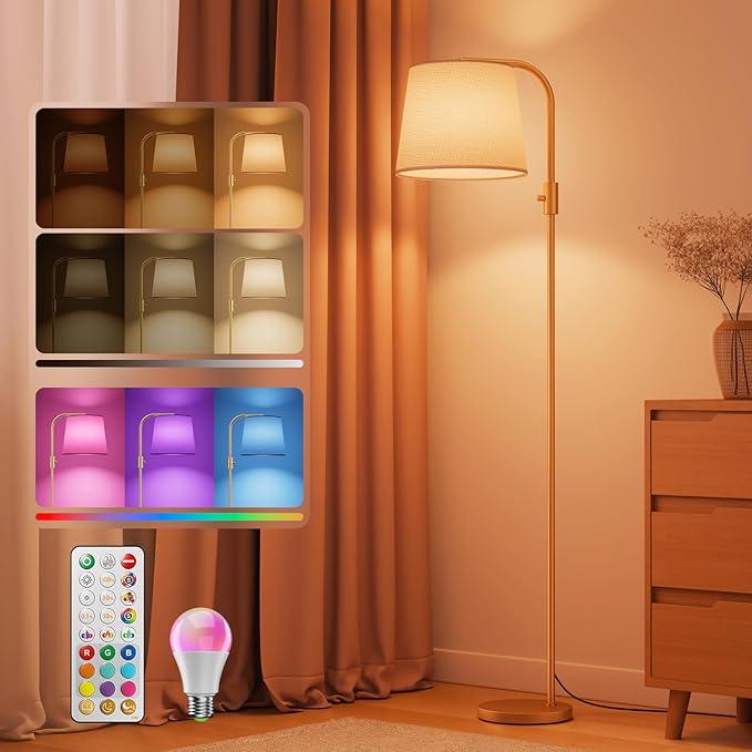 Dimmable Arc Floor Lamp, 1200 Lumens RGBCW Color Change Bulb Included, Standing Lamp with Linen Shade, 65" Tall Lamp with Remote for Living Room, Bedroom, Office, Dining Room, Kitchen, Gold