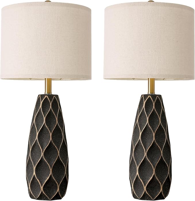 PORTRES 27.5" Ceramic Table Lamps for Bedroom Living Room Lamps Set of 2 Modern Bedside Nightstand Lamp Farmhouse Vintage Rustic Boho Retro Large Table Lamps Light Home Office Desk Deco Gifts, Black