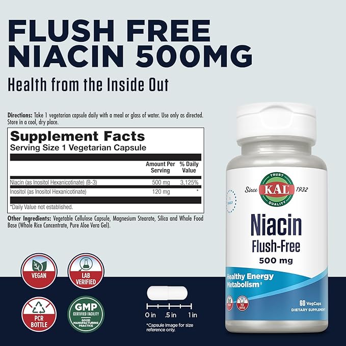 KAL ナイアシン 500mg フラッシュフリー - ビタミンB3サプリメント - 代謝とエネルギーのサポート - 肌、神経、消化器系の健康と血行をサポート - ヴィーガンビタミン、60日間保証、60回分、60粒ベジカプセル