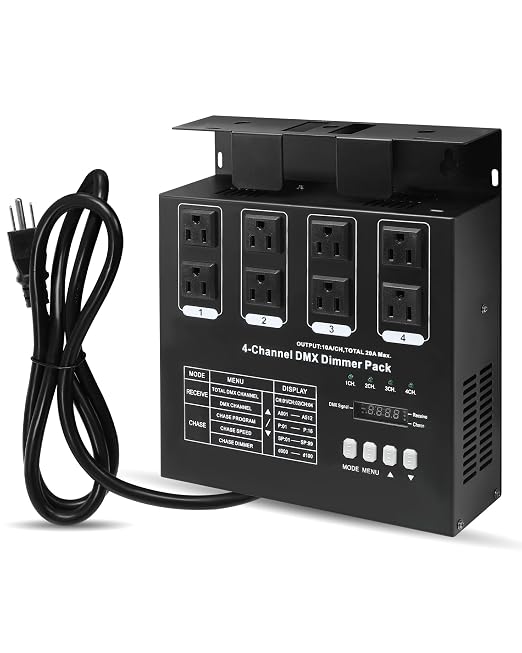 DMX Dimmer Pack 512, 4 Channel Dimmer Pack with 5' DMX Cable and LED Display, 5 DMX Modes, 20A Max Suitable for Stage Lighting Control