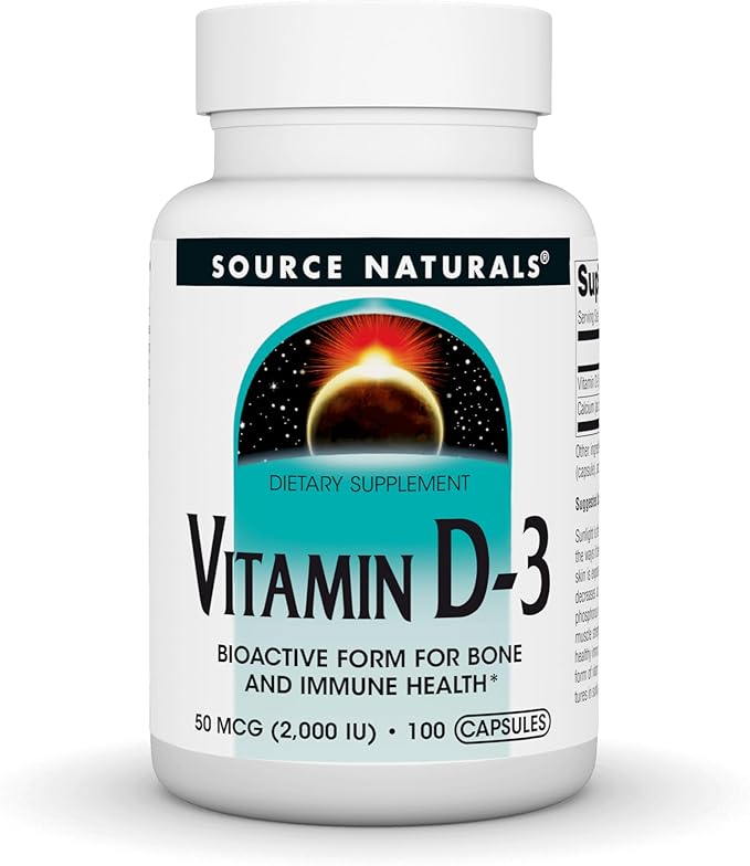 Source Naturals Vitamine D-3, Forme Bioactive pour la Santé Osseuse et Immunitaire* - 50 mcg (2000 UI) - 100 Gélules