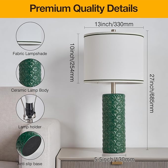 27" Farmhouse Bedside Table Lamp Set of 2, Green Modern Ceramic Lamps for Living Room, 3 Color Temperature Rustic Table Lamps for Bedroom, Night Stands, Dorm,Office, Home Décor (Bulb Included)