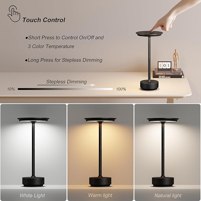 TBBGA 1 Pack Rechargeable Table Lamps Cordless, Portable 5000mAh Outdoor Table Light, 3 Color Stepless Dimming LED Table Lamp with Memory Function, for Home/Dinner/Patio/Restaurant.(Diamond Black)