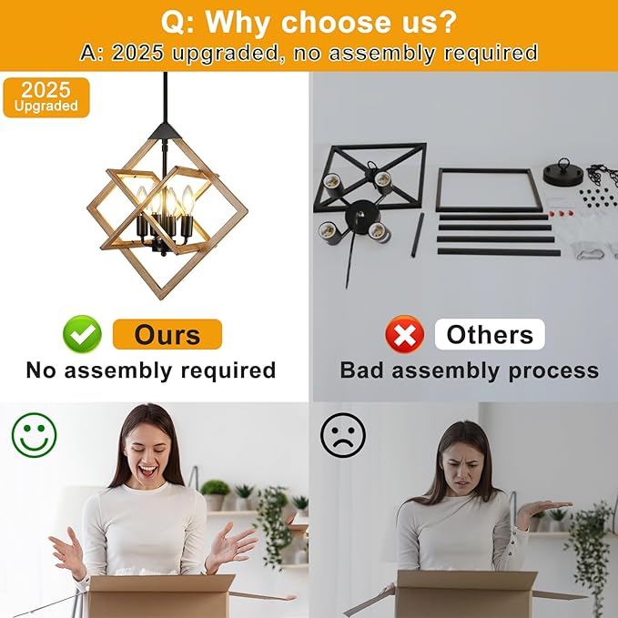 Modern Chandelier for Dining Room (18",4-Light), No Assembly Required Wood Grain Dining Room Light Fixture Over Table, Industrial Hanging Pendant Lights Fixture for Kitchen Island, Entryway, Foyer