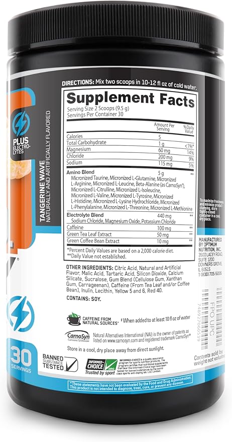 Optimum Nutrition Amino Energy Powder Plus Hydration, with BCAA, Electrolytes, and Caffeine, Tangerine Wave, 30 Servings (Packaging May Vary) (Pack of 6)