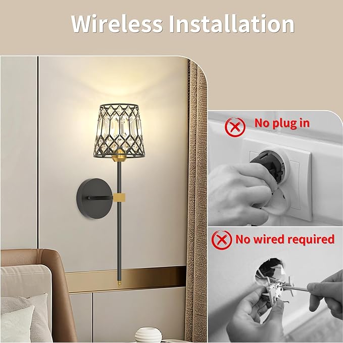 Black and Gold Battery Operated Wall Sconces Set of 2, Crystal Rechargeable Wireless Wall Sconce Lights for Home Decor, Dimmable 12 RGB and 3CCT Wall Lamps with Remote for Living Room Bedroom Hallway