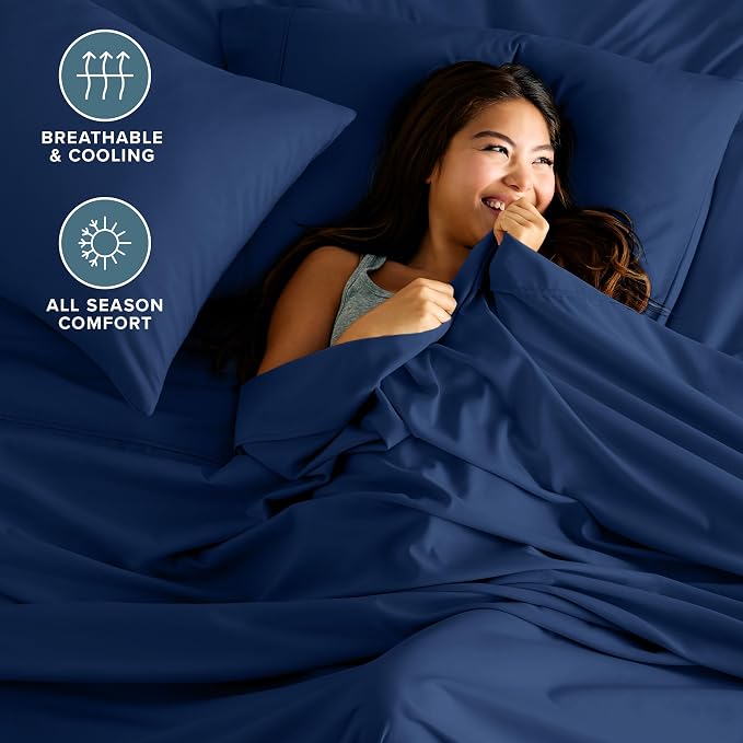 Bare Home Short Queen Sheet Set - 1800 Ultra-Soft Microfiber Bed Sheets - Double Brushed - Deep Pockets - Easy Fit - 4 Piece Set - Bedding Sheets & Pillowcases (Short Queen, Dark Blue)