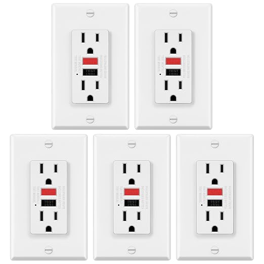 ELECTECK 5 Pack GFCI Outlets 15 Amp, Non-Tamper Resistant, Decor GFI Receptacles with LED Indicator, Ground Fault Circuit Interrupter, Wallplate Included, ETL Listed, Red/Black Button