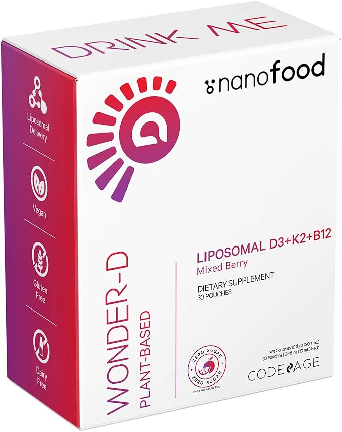 Sachets de supplément liquide de Vitamine D3 liposomale de Codeage, multivitamine liquide végétalienne Wonder-D Cholécalciférol, Vitamines K2 B12 à base de plantes, Phospholipides sans OGM, Vitamine E, Saveur de baies - 30 sachets