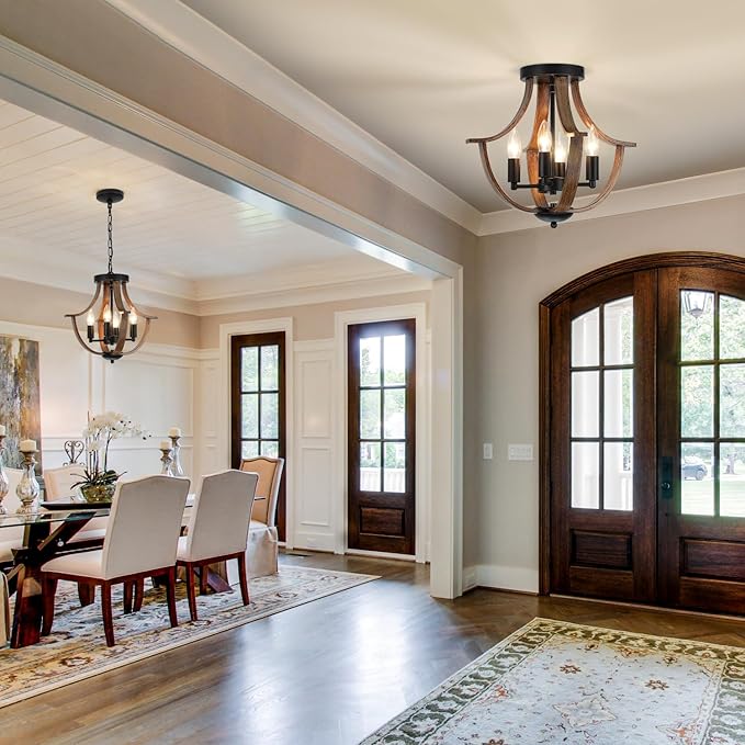 LAMPKEDUO Farmhouse Hanging Pendant Lighting, 4-Light Rustic Flush Mount Ceiling Light Fixture,Modern Faux Wood Vintage Chandelier for Dining Room Kitchen Island Foyer Hallway Entryway Bedroom