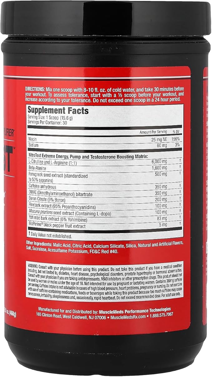 MuscleMeds Nitrotest Pre-Workout Supplement Drink, Boost Nitric Oxide, Testosterone, Watermelon, 30 Servings, 1.03 Pound, 1 Count