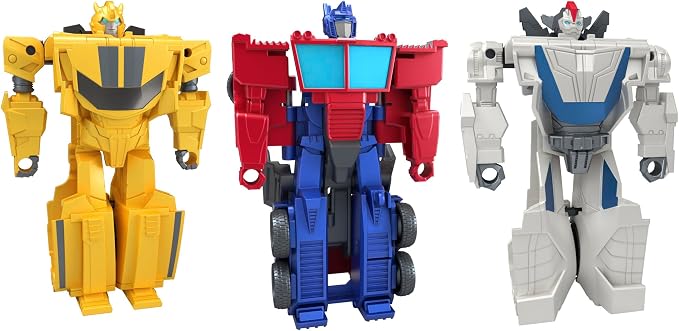 Transformers 1-Step Flip Heroes 3-Pack, 4-Inch Wheeljack, Bumblebee, and Optimus Prime Action Figures, Kids Easter Toys or Basket Stuffers, Age 6+