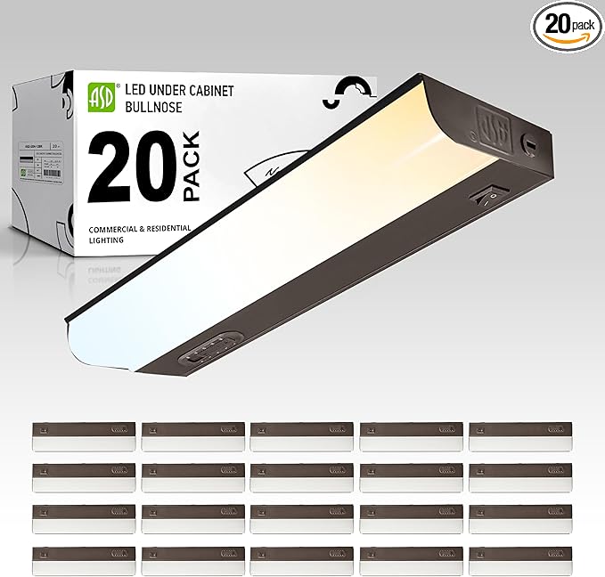 ASD LED Under Cabinet Lighting Hardwired, 12 Inch 5W 2700K-5000K Selectable, 442LM, CRI90+, Direct Wire Linkable Under Counter Lights for Kitchen, Dimmable Under Cabinet Lights, Bronze, UL, 20 Pack