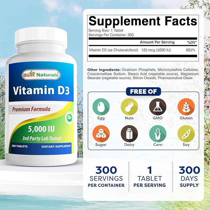 ベストナチュラルズ ビタミンD3 5000 IU – 300錠 – アメリカ製、非遺伝子組み換え、グルテンフリー、人工着色料、香料、保存料不使用 – 栄養補助食品