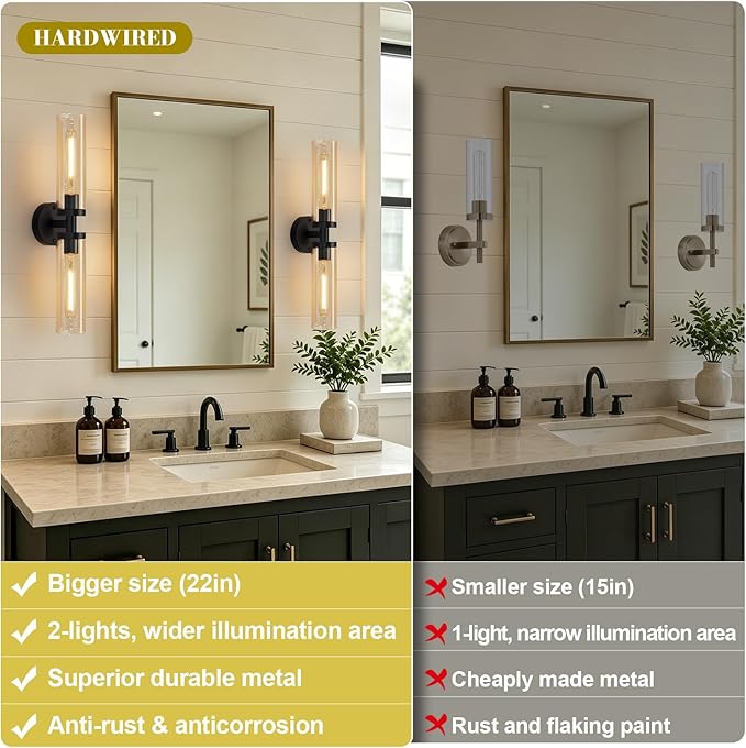 Indoi Wall Sconces Set of Two, Hardwired Matte Black Bathroom Sconces Wall Lights with Amber Glass, Modern Sconces Wall Decor Set of 2 Vanity Light fixtures for Bathroom Mirror Bedroom