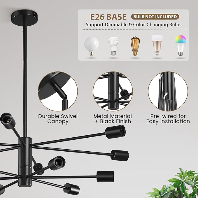 KAISITE Modern Sputnik Chandelier - 12-Light Black Farmhouse Ceiling Light Fixture for Dining Room, Kitchen, Living Room