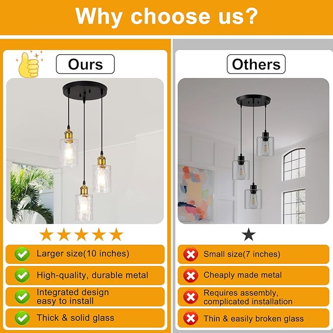 3-Light Pendant Light Fixtures, Black and Gold Pendant Lights Kitchen Island, Adjustable Pendant Lighting with Clear Hammered Glass Shade, Modern Hanging Light Fixtures for Dining Room, Hallway
