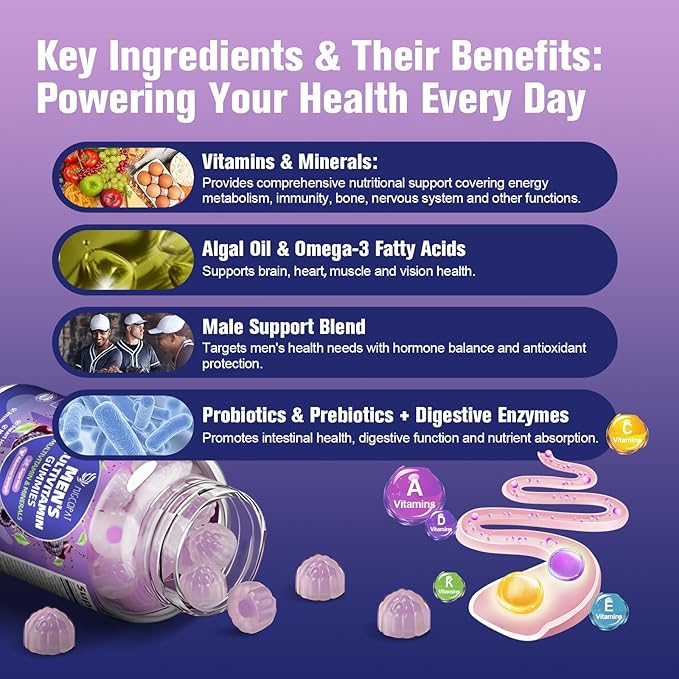 Multivitamines pour hommes, Gommes multivitaminées pour hommes avec Oméga-3, Probiotiques, Inositol, Folate, Biotine, Zinc, Vitamines A, C, D, E, B - Soutient le cœur, le cerveau, les muscles, l'énergie, Sans sucre, Saveur Mûre