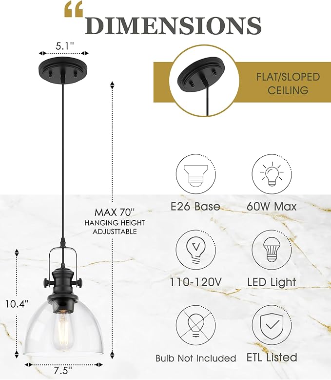 2-Pack Pendant Lights Kitchen Island, 7.5" Farmhouse Black Pendant Lighting with Clear Glass Shade, Vintage Hanging Light Fixtures for Dining Room Entryway, Adjustable Cord, AD-22151-1P2-BK-C