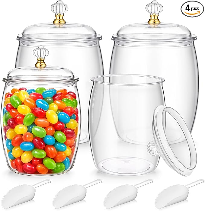 Mwellewm 4Pc Candy Jars with Lids 1 Gallon/64 OZ Clear Plastic Cookie Container with Scoops Large Airtight Apothecary Storage Organization Snack Buffet Canister for Wedding Home Kitchen Bar Decoration