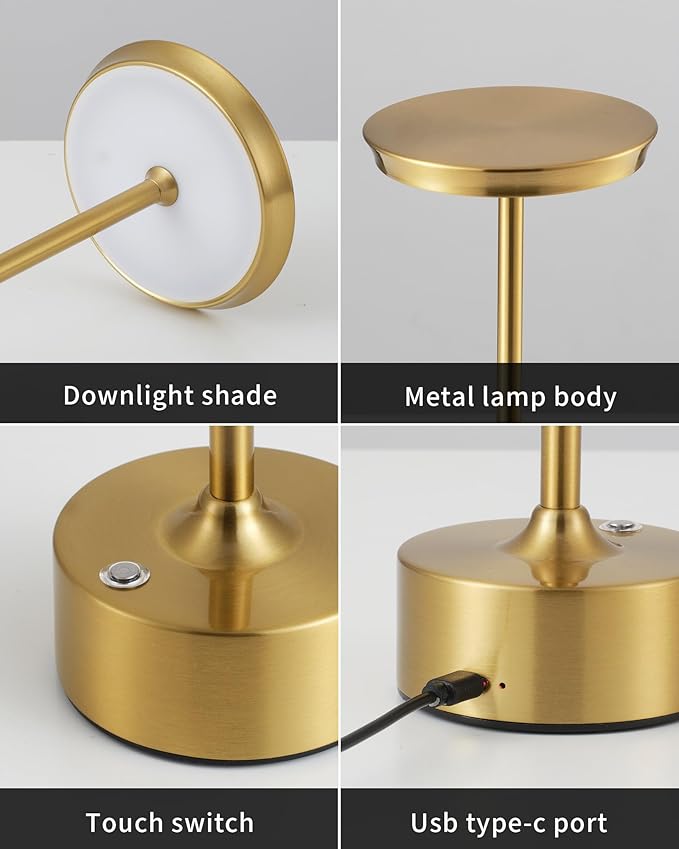 PUSU Rechargeable Table Lamps Set of 2, Gold Cordless LED 4000mAh Battery Desk Lamp, Stepless Dimming & 3 Color 2700K-6000K, Portable Lamp for Bedroom, Living Room, Restaurant, Outdoor, Night Light