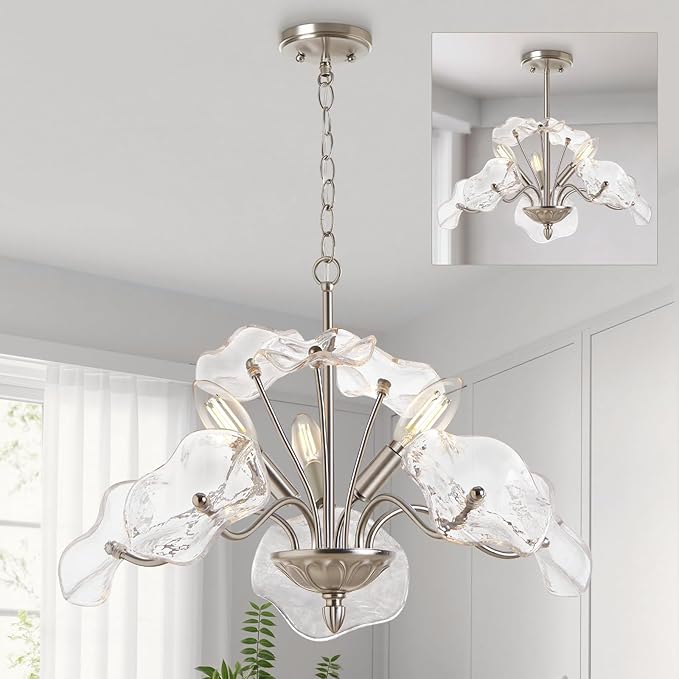 Luvkczc Modern Brushed Nickel Chandelier,Vintage Flower Glass Pendant Light Fixture,Mid Century Ceiling Light Fixture for Dining Room, Kitchen, Living Room, Bedroom Hallway Porch,3 Lights