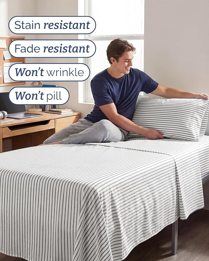Twin XL 4 Piece Sheet Set - Comfy Breathable & Cooling - Soft Hotel Luxury Bedding Set with 8-16 Inch Deep Pockets - 1 Flat & 1 Fitted Sheet & 2 Pillowcases - Wrinkle Free & Easy Care - Grey Stripes 2
