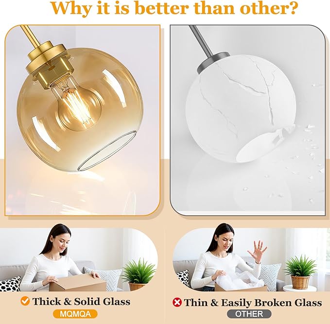 2 Pack 22"-50" Height Adjustable Glass Pendant Lights Kitchen Island, Globe Brushed Gold Pendant Lights with Amber Glass Shade, Mid Century Pendant Light Fixtures Kitchen Pendant Lighting over Island