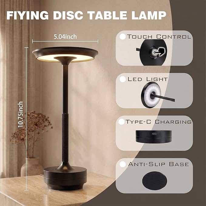 Rechargeable Cordless Table Lamp Set of 2, Portable Battery Operated LED Table Light, 3 Color Stepless Dimming with Touch Sensor for Outdoor Camping, Patio, café, Restaurant, Bars,Black