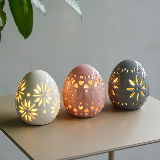 JHY DESIGN Set of 3 Ceramic Decorative Lamp 4" H Mood Lamp Battery Powered Floral Carved Cordless Light Great for Living Room Bedroom Weddings Parties Patio Events (Egg)