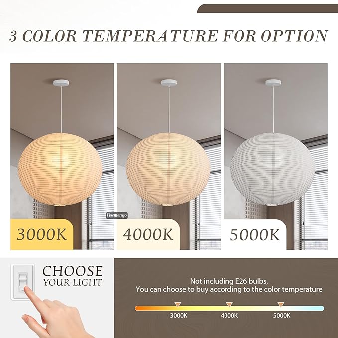 Large Rice Paper Pendant Light Kit, 23.6in White Globe Paper Lantern Lights, E26 Base, Japanese Hanging Lantern Lamp Japandi Chandelier for Dining Room Bedroom Office Living Room