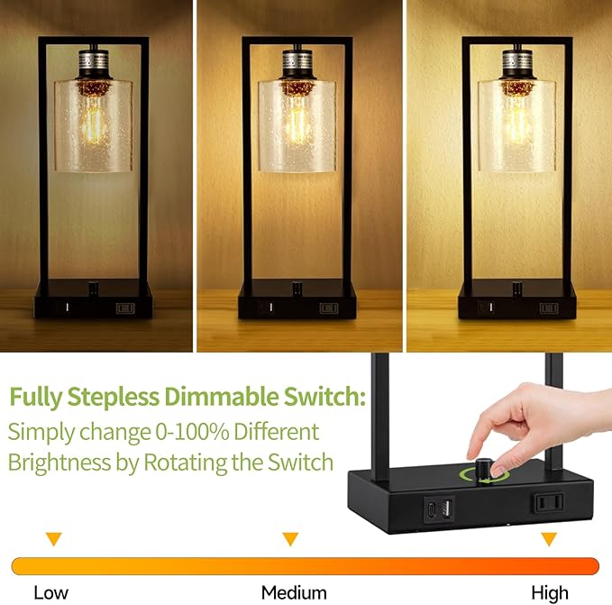 16" Desk Lamps for Home Office, Bedside Lamps with USB C+A Ports and Outlet, Black Fully Stepless Dimmable Industrial Table Lamps with Seeded Glass Shade for Reading Living Room, LED Bulbs Included