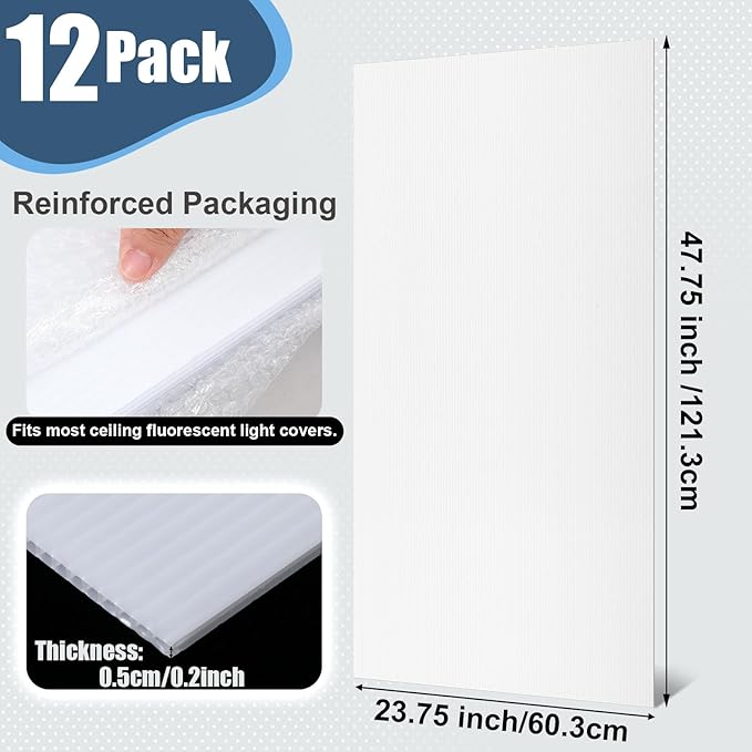 Pushglossy 12 Pack 23.75" x 47.75" x 0.2" Fluorescent Light Covers Classroom Office Diffuser Panels for 2x4ft Drop Ceiling Light Fixture Polycarbonate Replacement Cover for Hospital Home (Milky White)