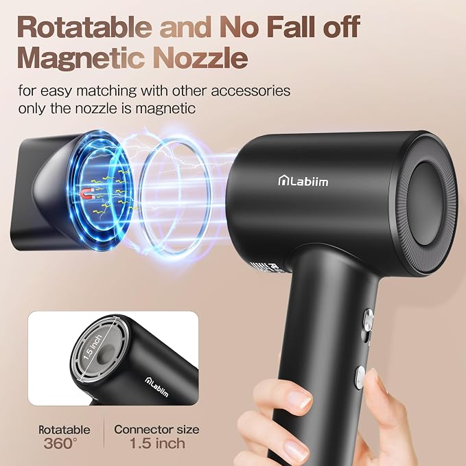 Labiim Hair Dryer, High-Speed Ionic Blow Dryer 110,000 RPM Brushless Motor for Fast Drying, 200M Ions Frizz & Thermo-Control HairDryer with Magnetic Nozzle, Quiet Compact for Home Travel, Black