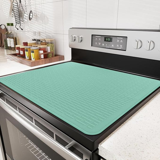 Stove Top Cover for Electric Stove - Food Grade Ceramic Stove top Cover, Silicone XXL Dish Drying Mat, Glass Cooktop Covers, Flat RV Range top Mats (Green Thickened,30x21)