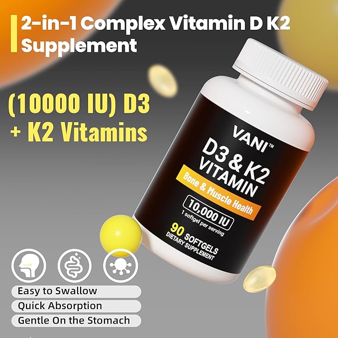 VANI Vitamines D3 (10000iu/250mcg) + K2 (sous forme de Mk7), pour la santé des os, des muscles et des dents, 90 GÉLULES
