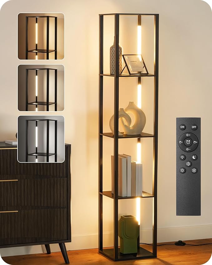 64.2" Display Shelf with Light, Modern Corner Floor Lamp with Shelves, 3000K-6000K LED Dimmable Standing Lamp with Remote for Living Room, Bedroom, Office, Adjustable CCT, Black Square B51LD05