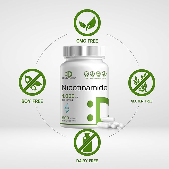 Vitamine B3 Niacinamide 1 000 mg par dose – 500 gélules, Niacine sans rougeurs, B3 essentielle – Soutient la santé de la peau et la production d'énergie – Sans OGM