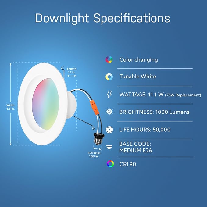 Feit Electric Smart Recessed Downlights, 5-6 Inch, Wi-Fi LED, Dimmable Color-Changing, 1000 Lumens, 11.1W (75W Equivalent), Voice & App Control, Daylight to Soft White, 50,000 Hour Lifespan