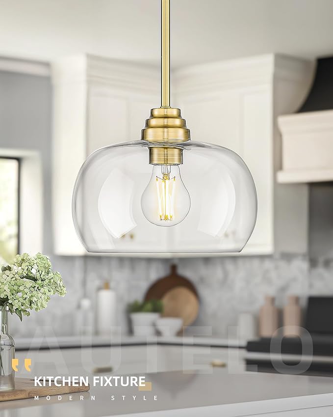 AUTELO 2 Pack Gold Pendant Lights, Glass Pendant Lights Kitchen Island with Clear Drum Glass, Industrial Pendant Ceiling Lights with Adjustable Rods for Kitchen Dining Room Bar, H9385 BG-R-2PK