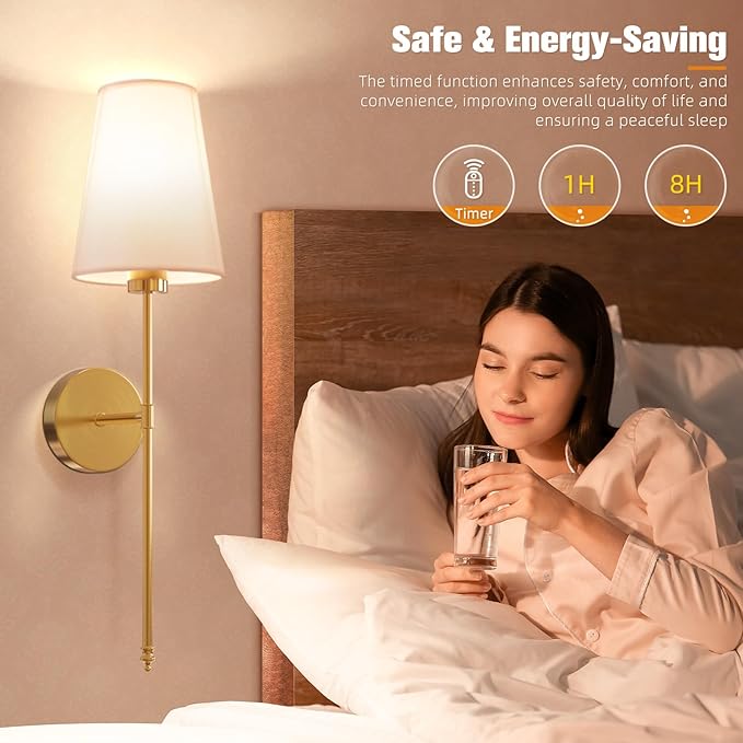 NIORSUN 25.4 inch Battery Operated Wall Sconce Set of 2,Gold Rechargeable Wall Lights with 10400mAh Dimmable Detachable Bulbs and Remote,9 Colors Wireless Sconces for Bedroom Living Room Hallway