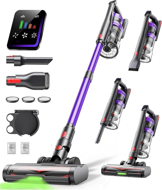 Cordless Vacuum Cleaner, 55KPa 650W Powerful Stick Vacuum for Home, 60Mins Runtime, 1.8L XL Dust Cup One-Touch Empty, Green LED Anti-Tangle Brush & Fragrance, for Pet Hair Carpet Hard Floor