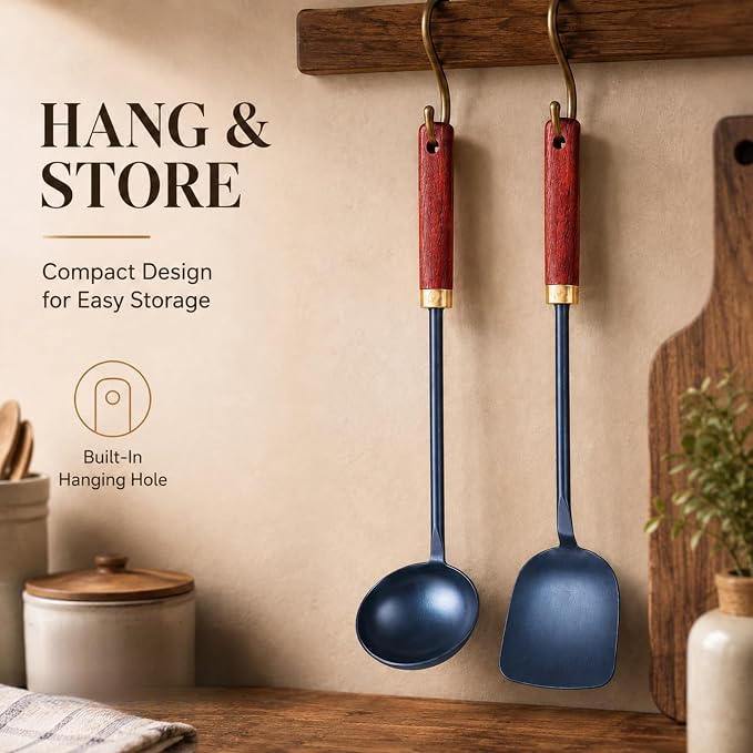 Calmabode 11” Hand-Forged Blued Iron Wok Spatula and Ladle Set | Hand-forged blued iron utensils with heat-resistant wood handles, ideal for wok cooking, stir-fry, sautéing and serving