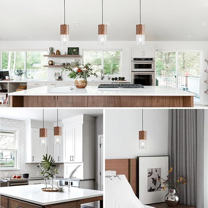 3-Pack Modern Pendant Lights for Kitchen Island, Adjustable Pendant Light Fixtures with Brown Wood Grain, Industrial Clear Glass Pendant Lights for Dining Table Hallway Bedroom Living Room