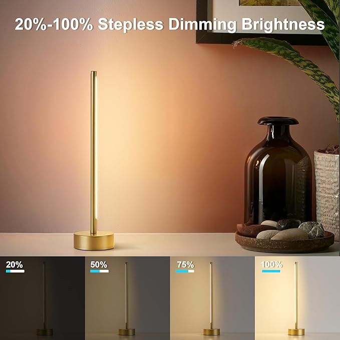 KARTOOSH Cordless LED Table Lamp, Battery Operated Portable Desk Lamp,Dimmable/3 Color/Memory Function,Modern Rechargeable Table Light for Living Room,Bedroom,Bedside,Gold