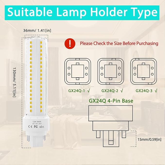 Lustaled Gx24q/G24q 4-Pin Base Light Bulbs, 12W Gx24 LED PL Recessed Lights, Daylight 6000K 26W CFL Replacement for Ceiling Light Downlight Wall Sconce, 4-Pack (Remove/Bypass The Ballast)