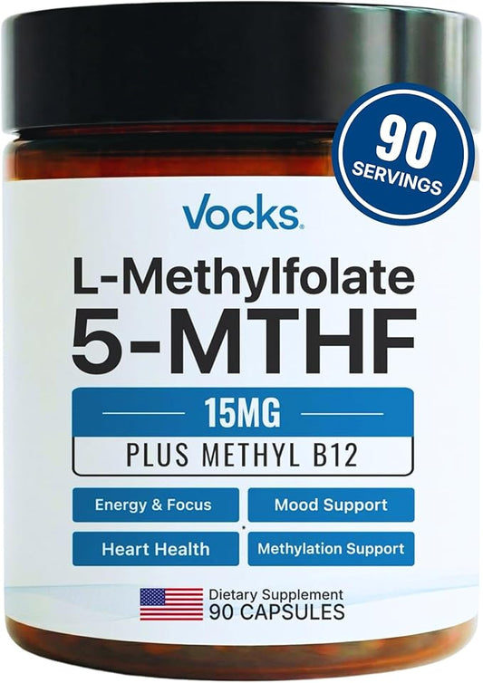 Vocks L Methylfolate 15mg | 5-MTHF + Methyl B12 | High Potency Methylfolate Supplement | Active Methylated Folate Vitamin B9 | MTHFR Supplement| Folate Supplement for Women & Men | 90 Capsules