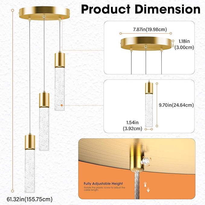 Pendant Lights Kitchen Island, 6500K Modern Kitchen Island Lights Brushed Gold, Ceiling Lighting Fixtures with Crystal Bubble, Integrated LED Hanging Light for Dining Room 1 Pack(3-Light)