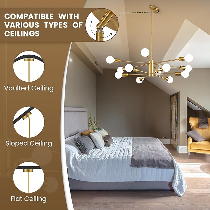 KAISITE Modern Sputnik Chandelier Ceiling Light Fixture 12-Light Gold Chandelier for Dining Room Over Table Height Adjustable Mid Century Industrial Chandelier for Kithchen Living Room Entryway