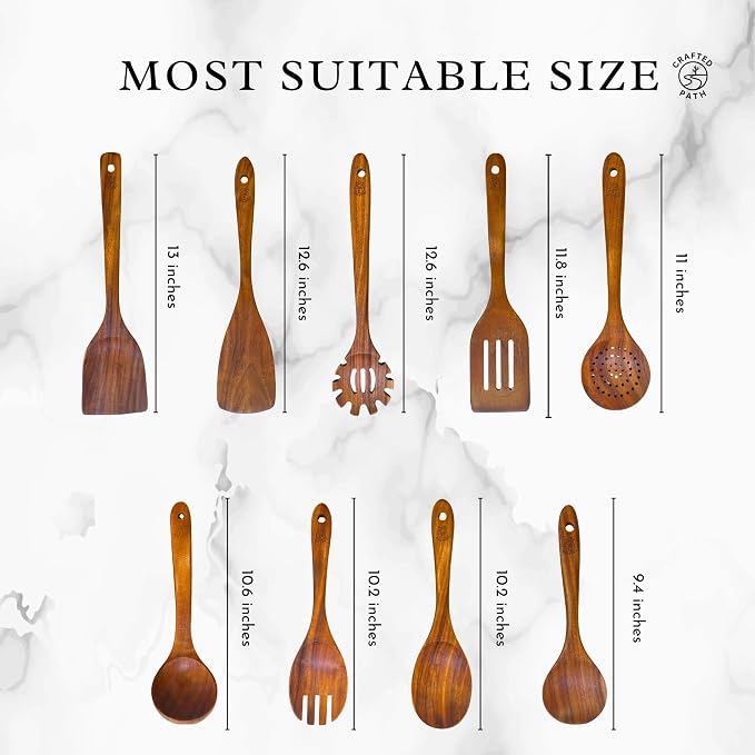 Teak Wooden Utensil Set (9-Piece) – Teak Cooking Utensils for Nonstick Cookware, Teak Wooden Spoons for Cooking & Spatula - Natural Wood Kitchen Utensils by Crafted Path